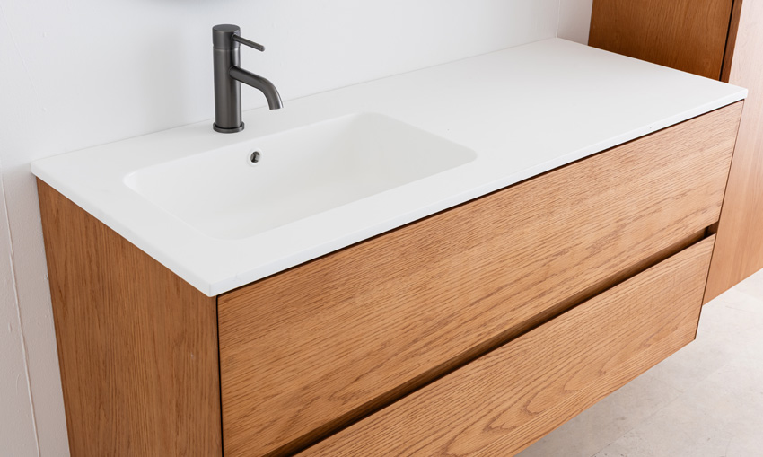 Badkamermeubel Fior eik hangend met enkele wastafel glanzend wit 120cm