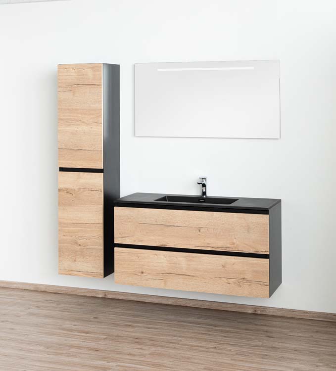 Meuble de salle de bains Dotan chêne suspendu avec lavabo simple noir mat 120cm