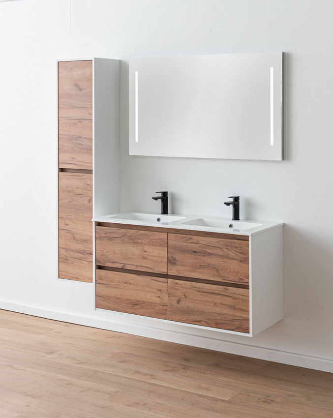 Meuble de salle de bains Treviso chêne/blanc avec double lavabo blanc brillant 120cm