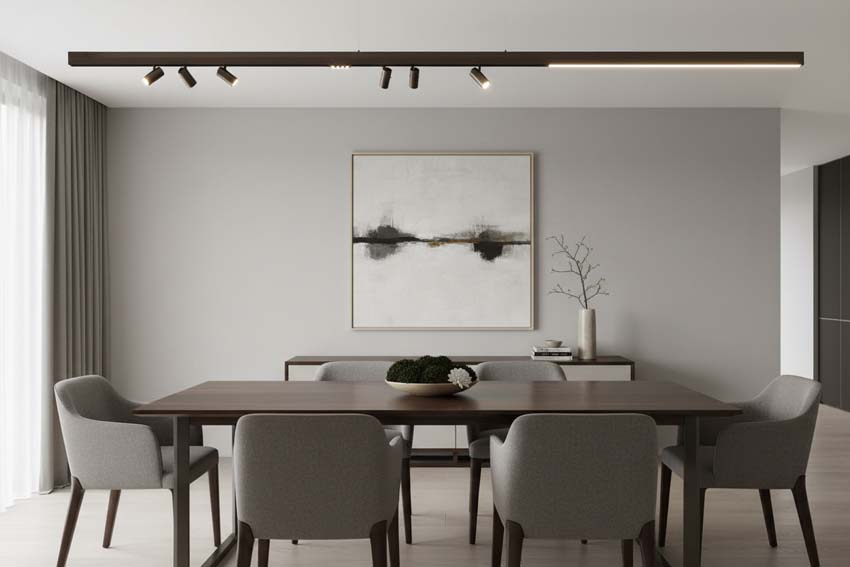 Railverlichting Bea brons met LED line 1,2m + 6 opbouwspots en 3 inbouwspots