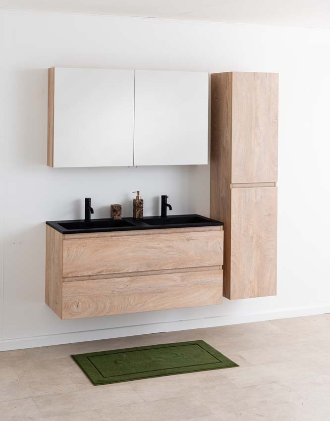 Badkamermeubel Tibo mediterraanse eik met dubbele wastafel mat zwart 120cm