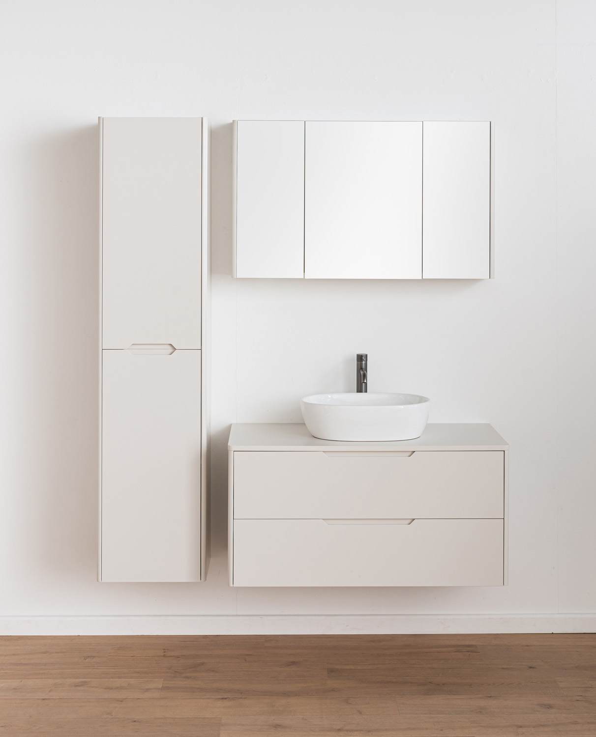 Meuble de salle de bains Billie beige avec vasque à poser blanc brillant 100cm
