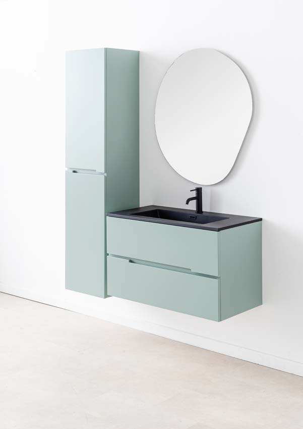 Meuble de salle de bains Truman vert gris suspendu avec lavabo simple noir mat 90cm