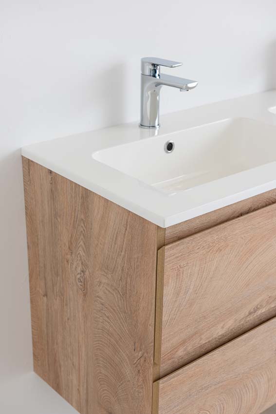 Meuble de salle de bain Tibo en chêne méditerranéen avec double lavabo blanc brillant 120cm