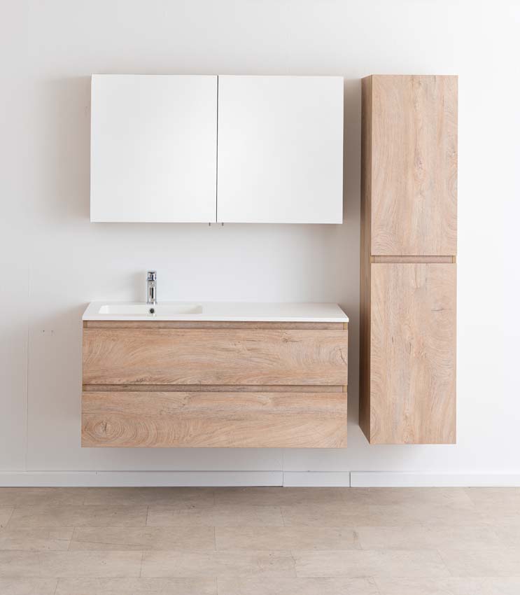 Meuble de salle de bain Tibo en chêne méditerranéen avec lavabo simple blanc mat 120cm