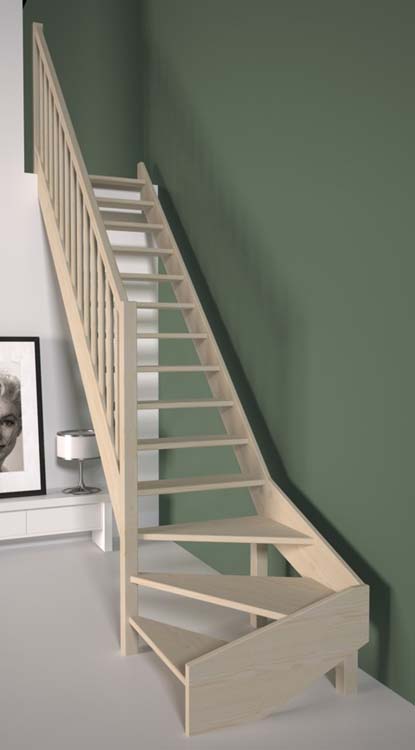 Escalier de meunier Bonn Maxi en pin avec quart tournant en bas à gauche 340x80cm