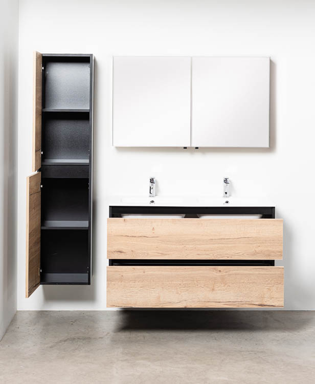 Badkamermeubel Dotan eik hangend met dubbele wastafel glanzend wit 120cm