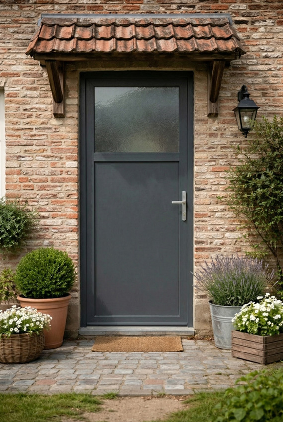 Porte extérieure budget PVC 1/3 vitre structuré anthracite/blanc ouvrant à droite sur mesure