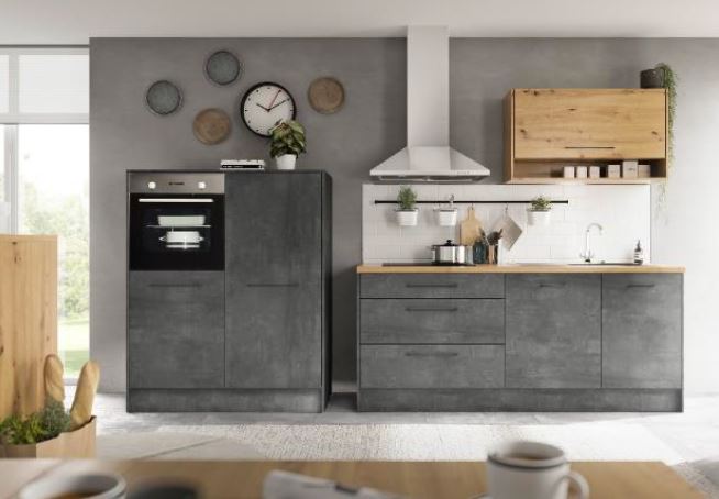 Cuisine Montréal aspect béton 326cm - avec appareils - plaque de cuisson vitrocéramique et hotte murale en inox