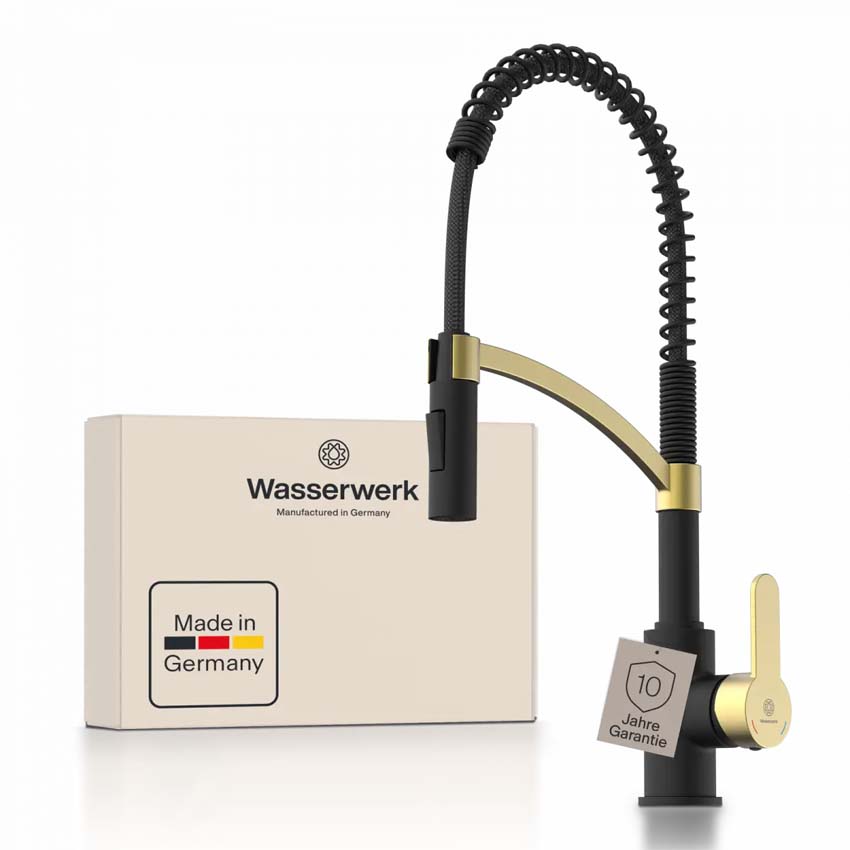 Keukenkraan Wasserwerk WK 3 mat zwart/mat goud met uittrekbare uitloop