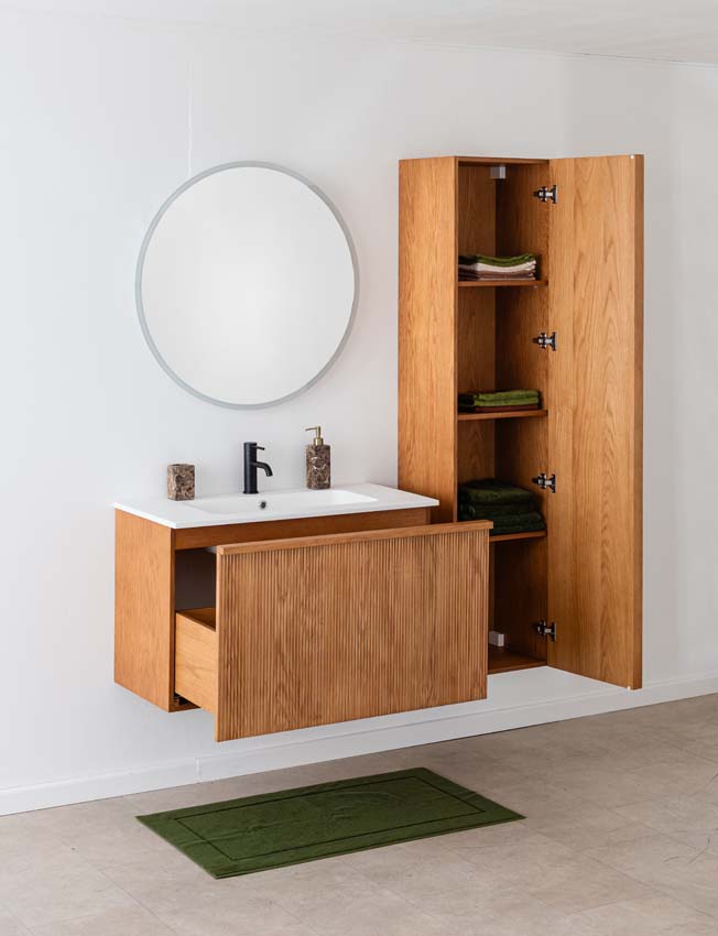 Meuble de salle de bain Fae chêne suspendu avec vasque simple blanc mat 90cm