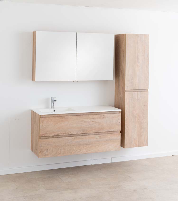 Meuble de salle de bain Tibo en chêne méditerranéen avec lavabo simple blanc mat 120cm