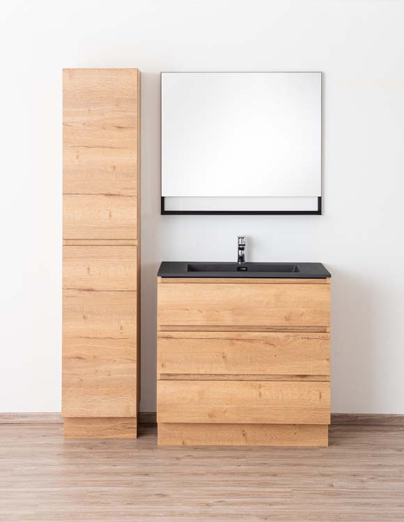 Badkamermeubel Daria eik goudbruin staand met enkele wastafel mat zwart 90cm