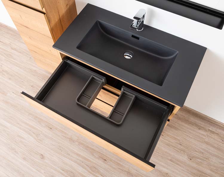 Badmeubel Daria eik goudbruin 900 mm staand wastafel zwart mat Badmeubel Daria eik goudbruin 900 mm staand wastafel zwart mat