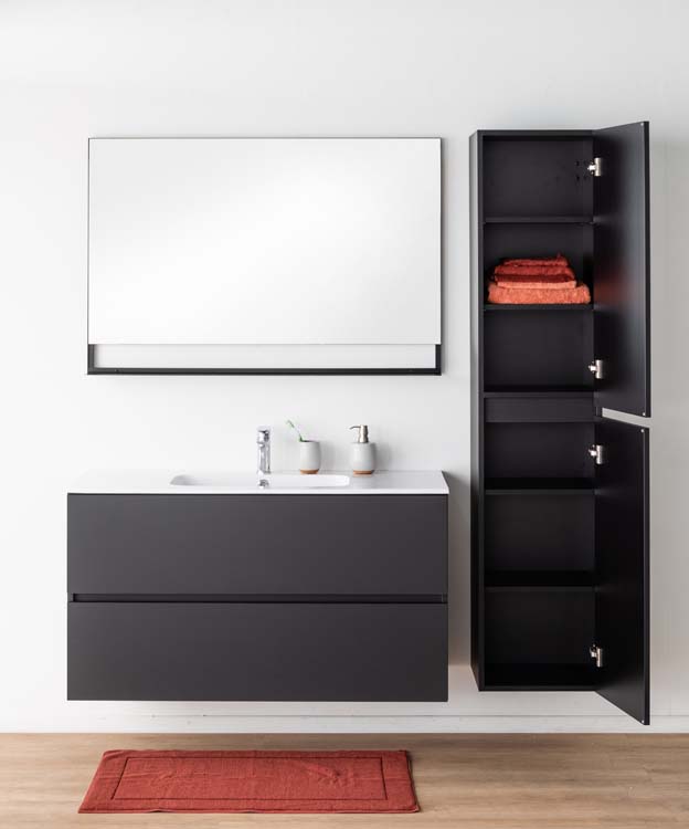 Badkamermeubel Puro mat zwart hangend met enkele wastafel glanzend wit 120cm