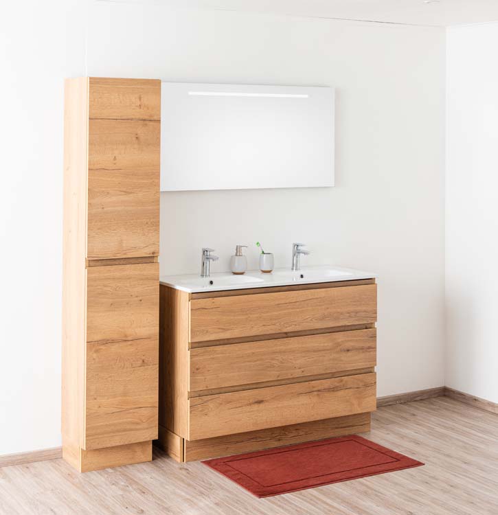 Badkamermeubel Daria eik goudbruin staand met dubbele porseleinen wastafel glanzend wit 120cm