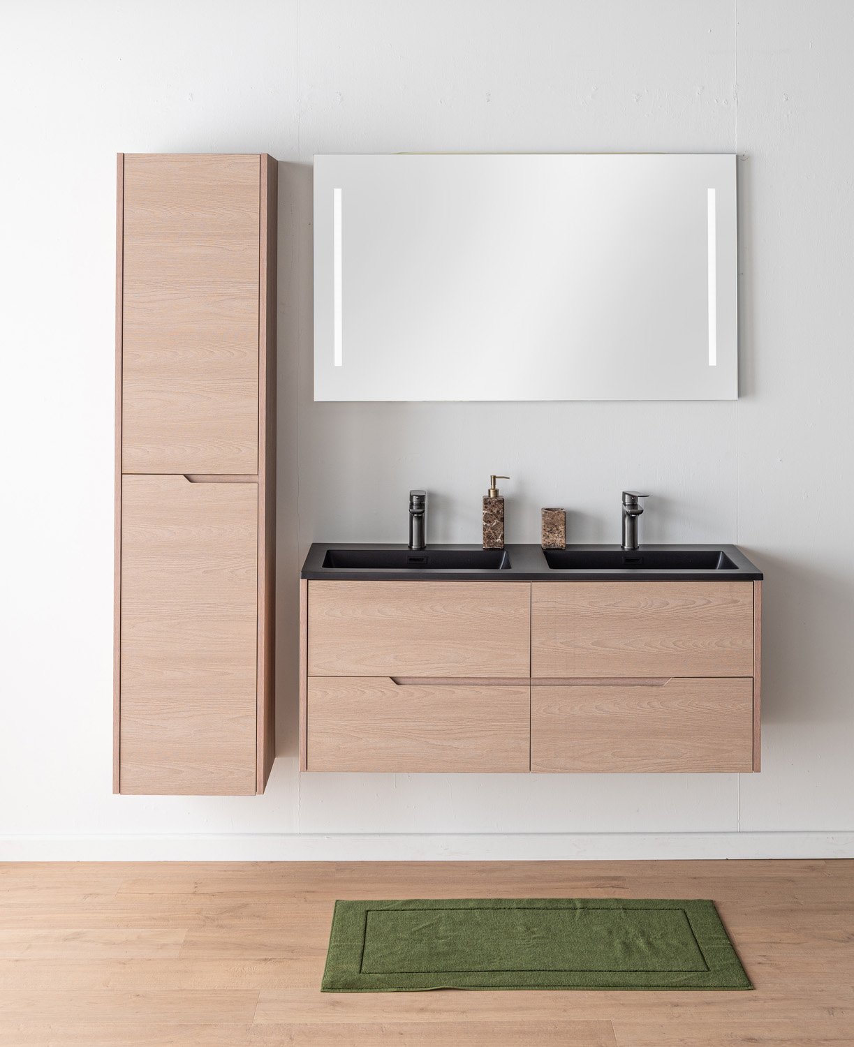 Badkamermeubel Tiago Nordic eik hangend met dubbele wastafel mat zwart 120cm