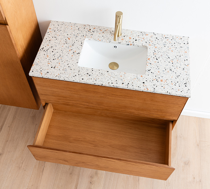 Badkamermeubel Fior eik hangend met enkele wastafel terrazzo 90cm