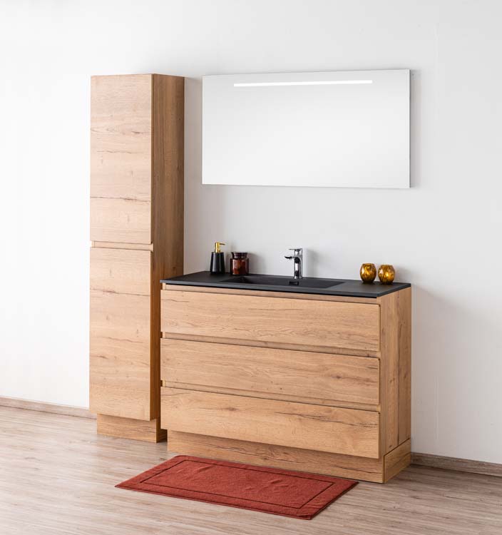 Badkamermeubel Daria eik goudbruin staand met enkele wastafel mat zwart 120cm Badkamermeubel Daria eik goudbruin staand met enkele wastafel mat zwart 120cm