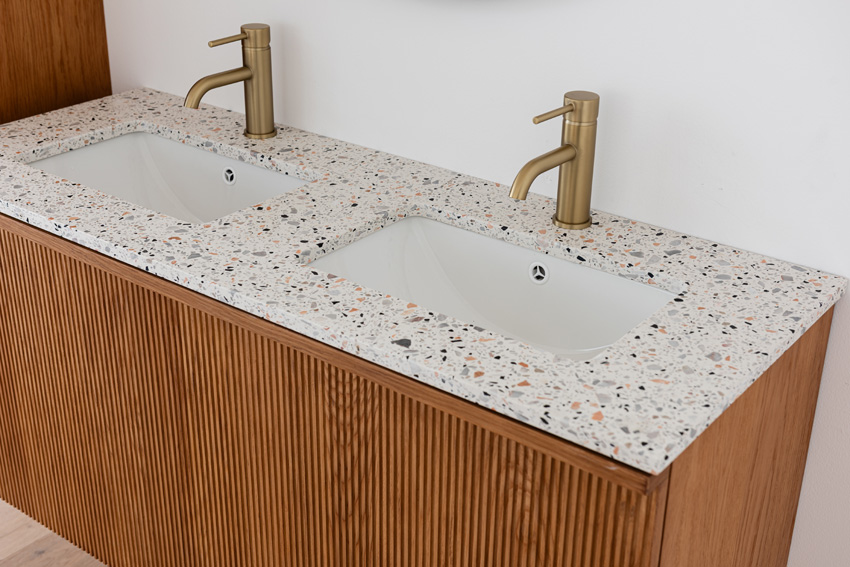Meuble de salle de bains Fae chêne suspendu avec double lavabo terrazzo 120cm