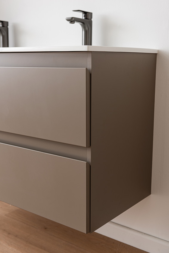 Badkamermeubel Trente taupe met dubbele wastafel glanzend wit 120cm