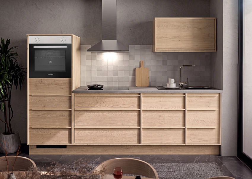 Keuken Nara eik 264cm - met toestellen - vitrokeramische kookplaat en inox wanddampkap
