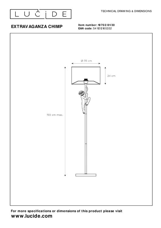 Staande lamp aap - zwart/goud - H150cm - E27 - 60W