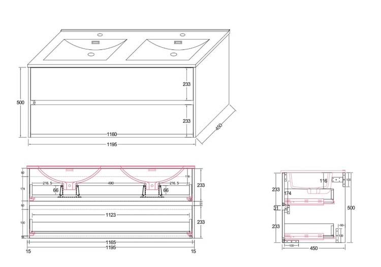 Meuble de salle de bain Vito chêne avec double lavabo blanc brillant 120 cm + miroir