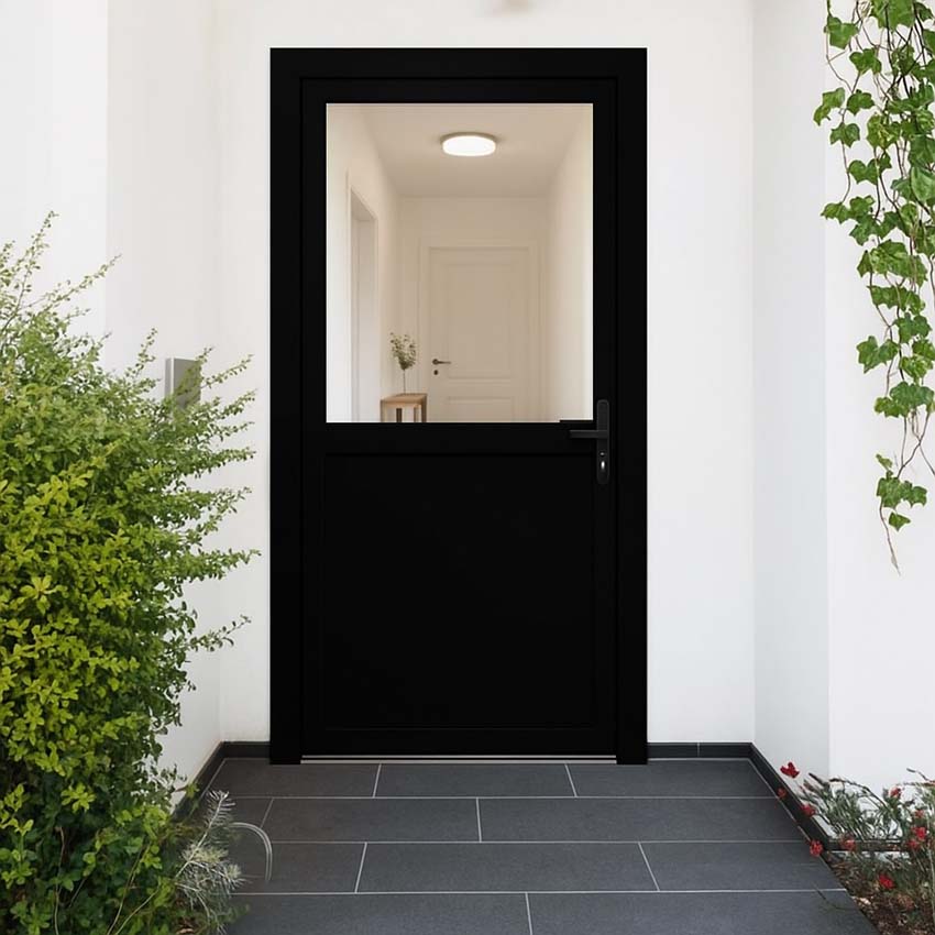 Porte extérieure semi-vitrée PVC verre clair noir ouvrant à droite sur mesure