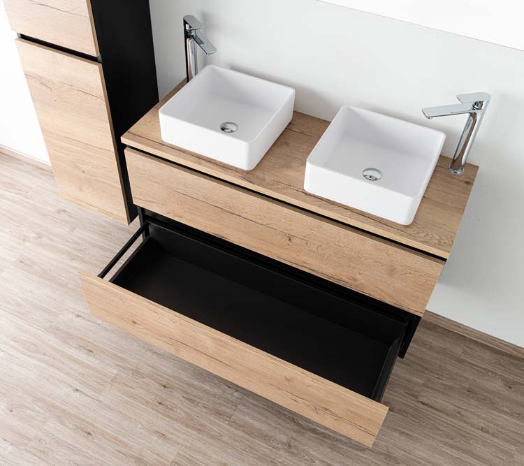 Meuble de salle de bain Dotan chêne/noir 1200 mm tablette en saillie melamine Meuble de salle de bain Dotan chêne/noir 1200 mm tablette en saillie melamine