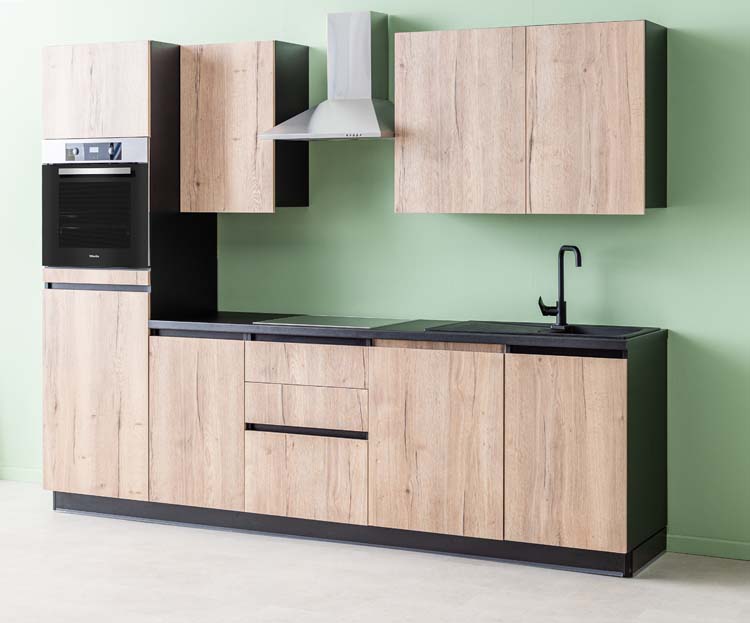 Cuisine Plenti noir/aspect bois 280cm - tirroirs et hotte murale en inox - sans appareils