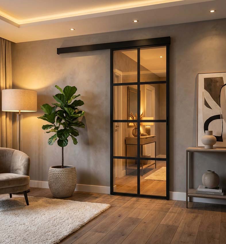 Complete enkele schuifdeur Luxe Urla Nero helder glas 8R op maat zwart + rail zwart