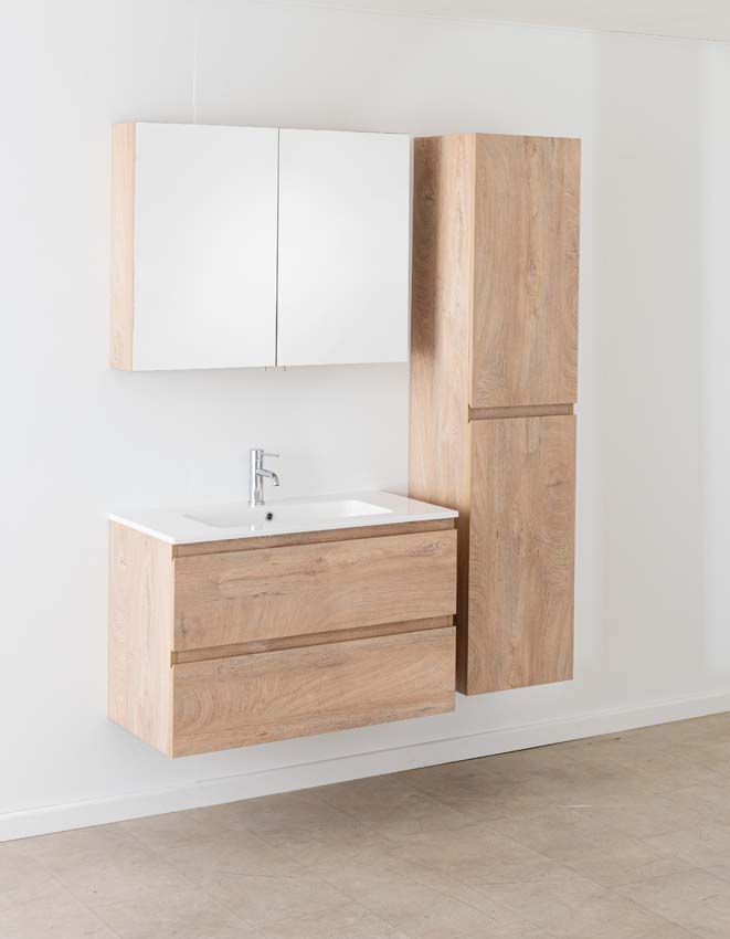 Meuble de salle de bain Tibo en chêne méditerranéen avec lavabo simple blanc brillant 90cm