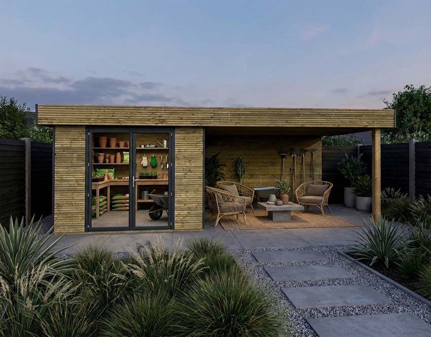 Tuinstudio Amelia M + terras vurenhout naturel 680x300x236cm dubbele deur