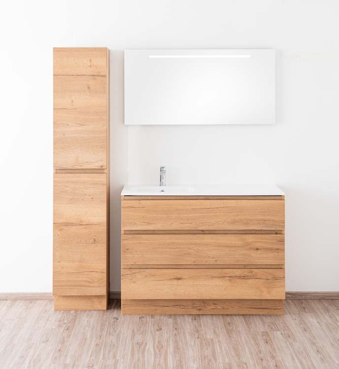 Meuble de salle de bain Daria chêne brun doré 1200 mm sur pied lavabo brillant gauche