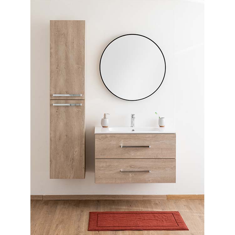 Badkamermeubel Plato eik betonlook hangend met enkele wastafel mat en chroom grepen 90cm
