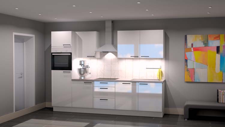 Keuken Premium 5B wit lak 300cm - voorgemonteerd - met toestellen - vitrokeramische kookplaat en inox wanddampkap