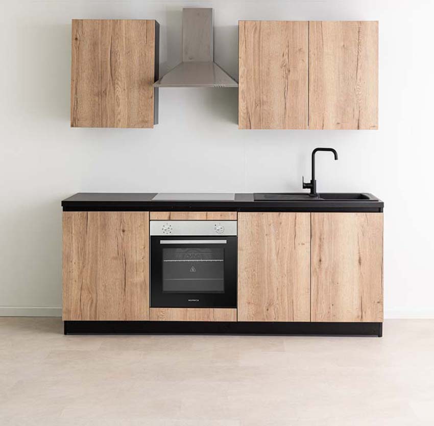 Keuken Plenti 220 cm - oven onder - met toestellen - zwart-houtlook