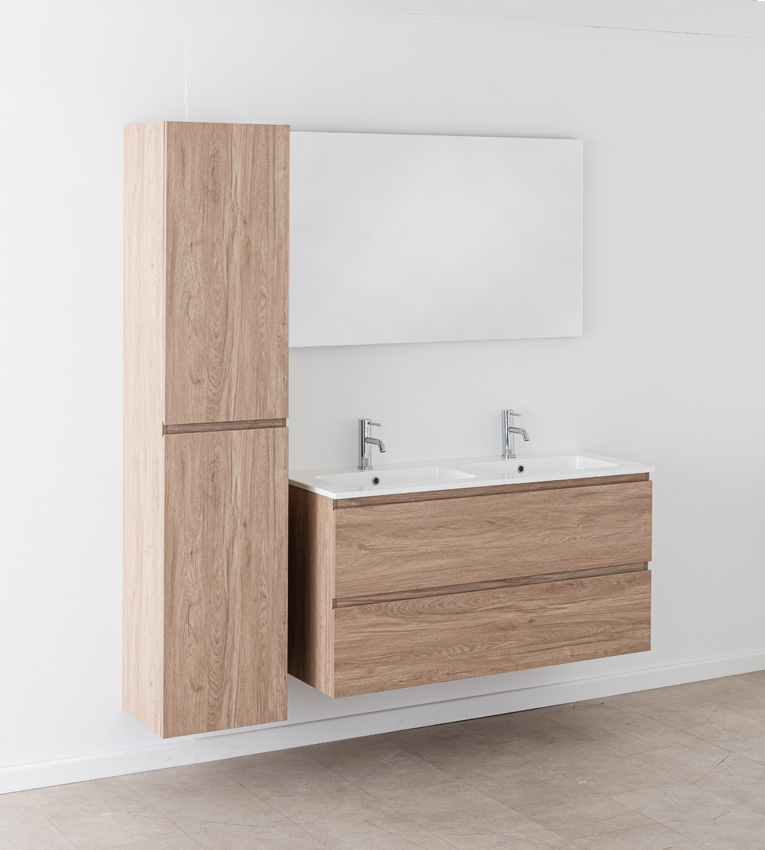 Meuble de salle de bain Bianca aspect chêne suspendu avec double lavabo blanc brillant 120,5cm