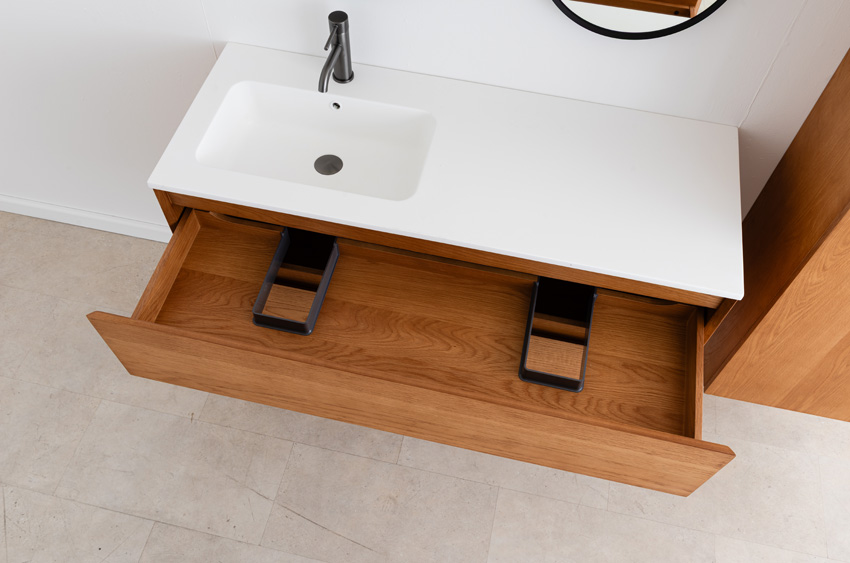 Badkamermeubel Fior eik hangend met enkele wastafel glanzend wit 120cm