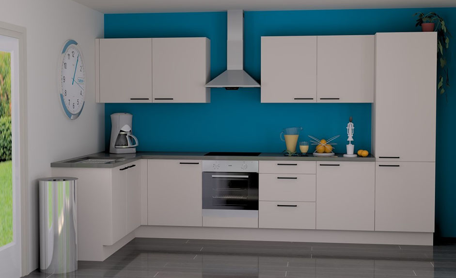 Hoekkeuken Premium 16A wit vlak 365x165cm - voorgemonteerd - met toestellen - vitrokeramische kookplaat en inox wanddampkap