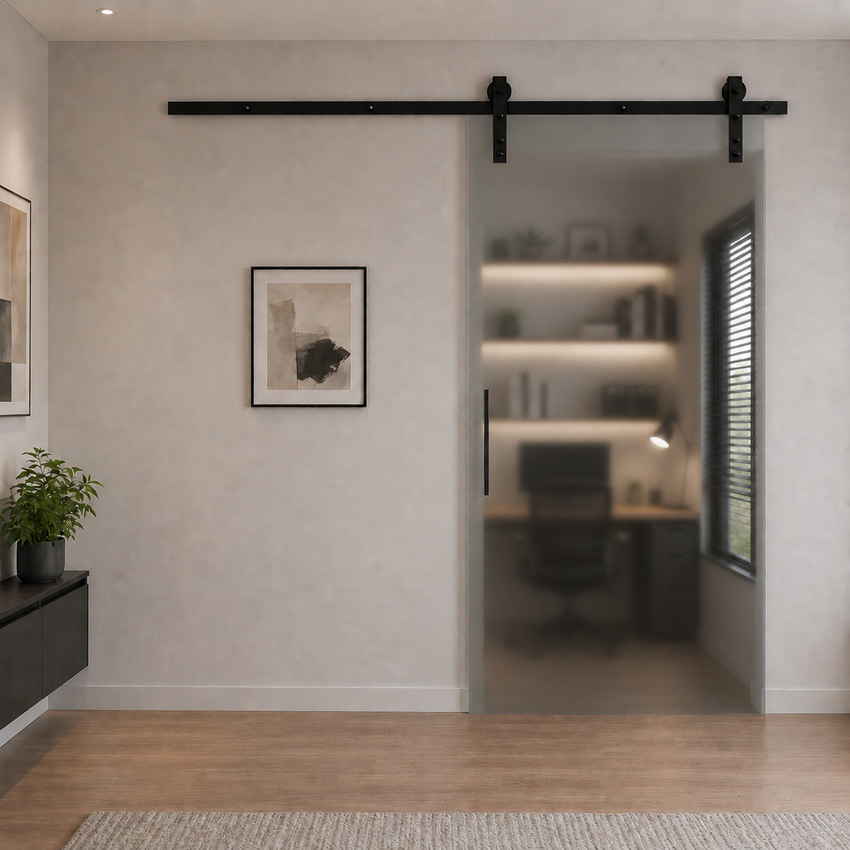 Porte coulissante simple complète Skyline Night verre mat sur mesure + rail noir