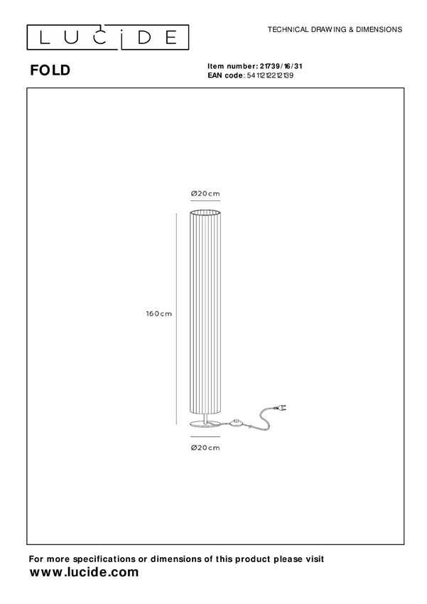 Lucide FOLD - Vloerlamp - Ø 20 cm - 3xE27 - Wit
