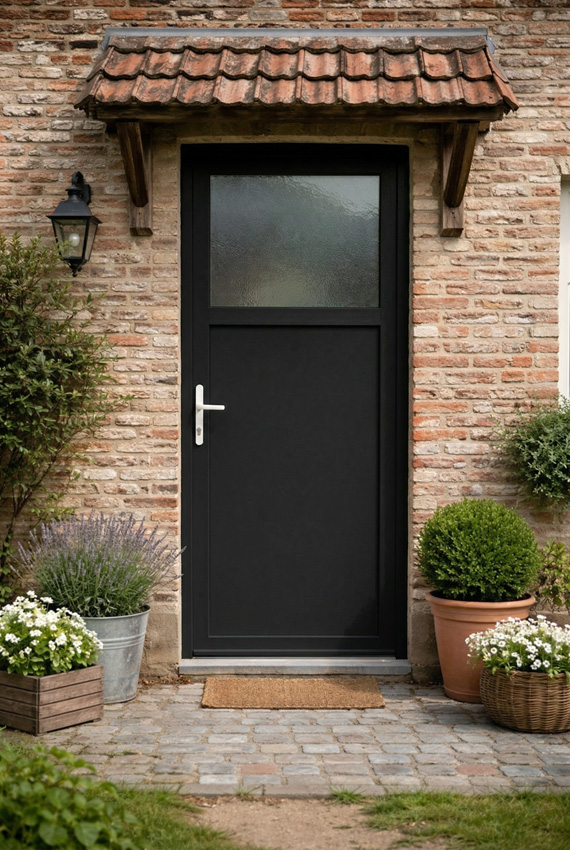 Porte extérieure budget PVC 1/3 vitre structuré noir/blanc ouvrant à gauche sur mesure