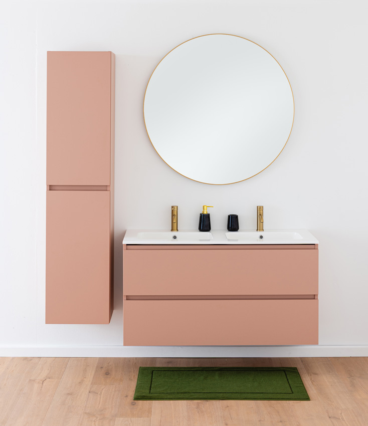 Meuble de salle de bains Dotan abricot suspendu avec double lavabo blanc brillant 120cm