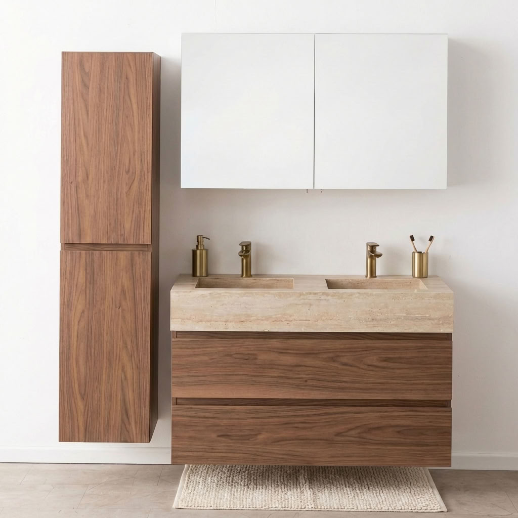 Badkamermeubel Dotan notelaar met dubbele brede wastafel travertinlook 120cm