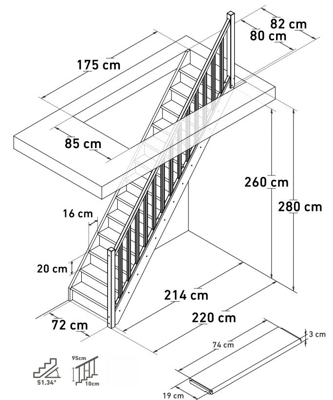 Gesloten trap beuk Hamburg recht 280x80cm