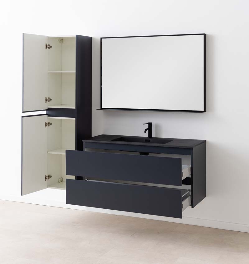 Meuble de salle de bains Tibo gris suspendu avec lavabo simple noir mat 120cm