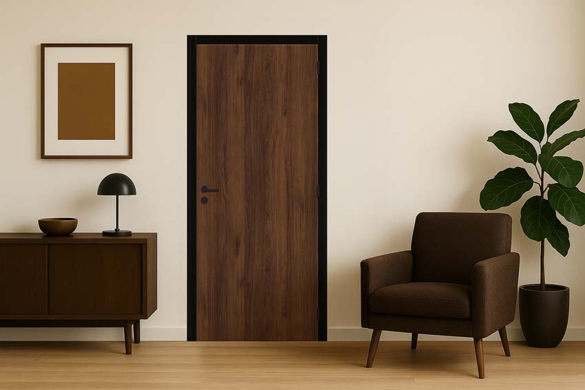 Porte intérieure complète Pure noyer 201,5x63cm aggloméré tubulaire réversible + châssis noir 16,5cm