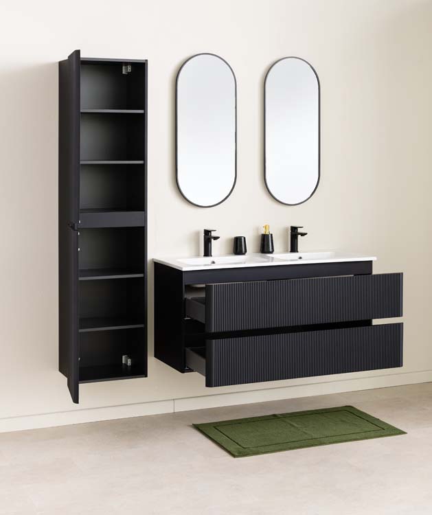 Meuble de salle de bains Julia noir mat suspendu avec lavabo double blanc brillant 120cm